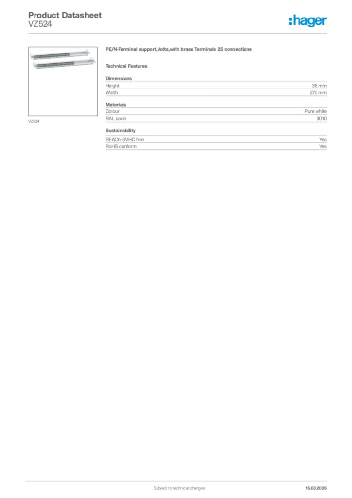 Image Hager Product data sheet VZ524  | Hager Africa