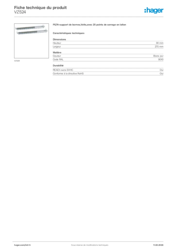 Image Hager Fiche technique du produit VZ524 | Hager Afrique
