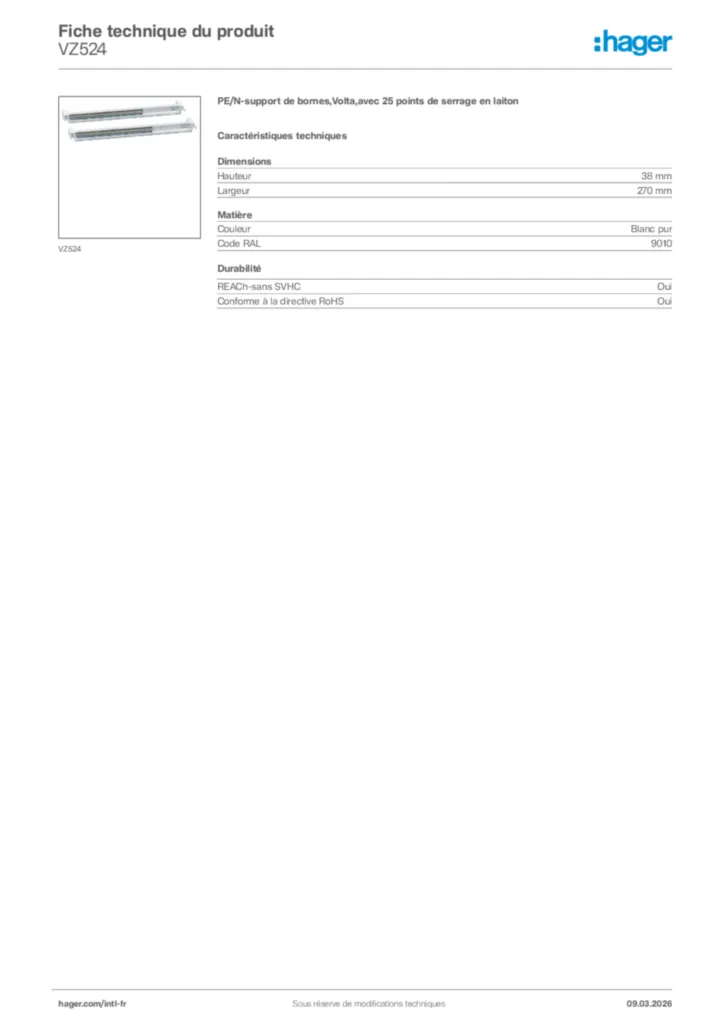 Image Hager Fiche technique du produit VZ524 | Hager Afrique