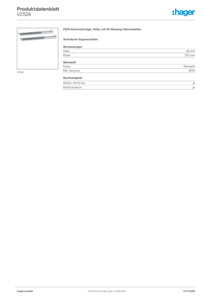 Bild Hager Produktdatenblatt VZ524 | Hager Deutschland