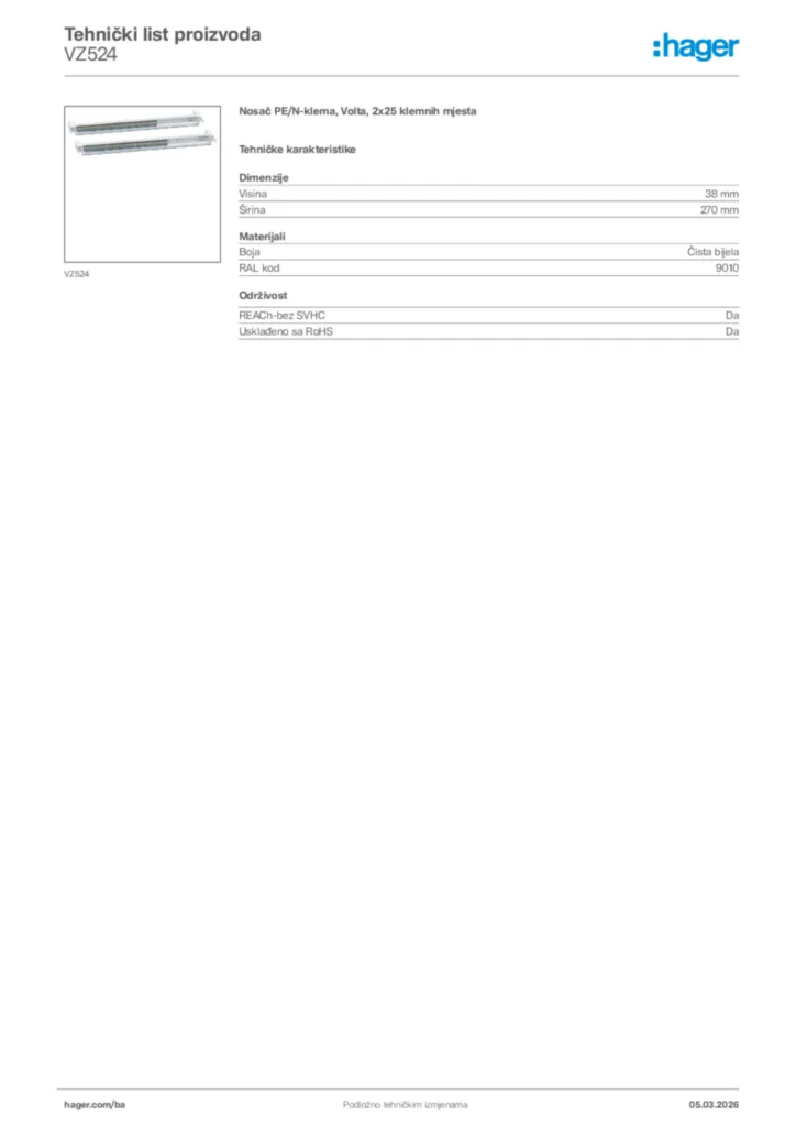Slika Hager Tehnički list proizvoda VZ524  | Hager
