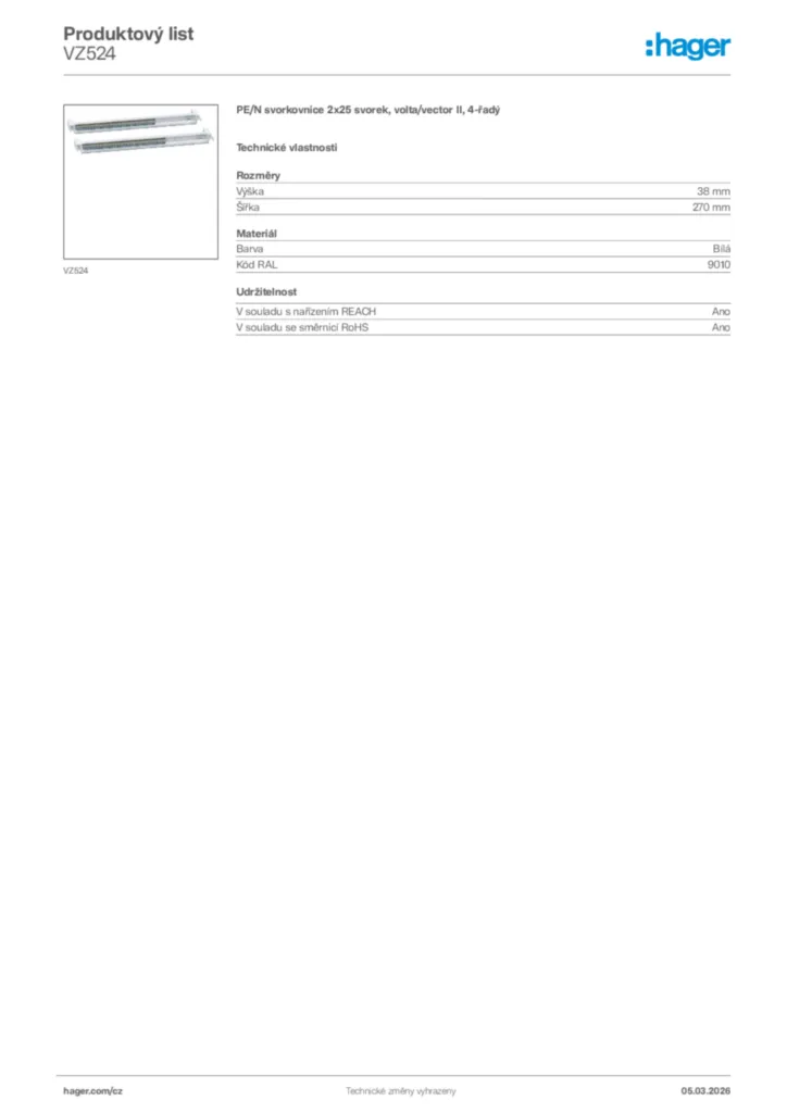 Obrázek Hager Product data sheet VZ524 | Hager