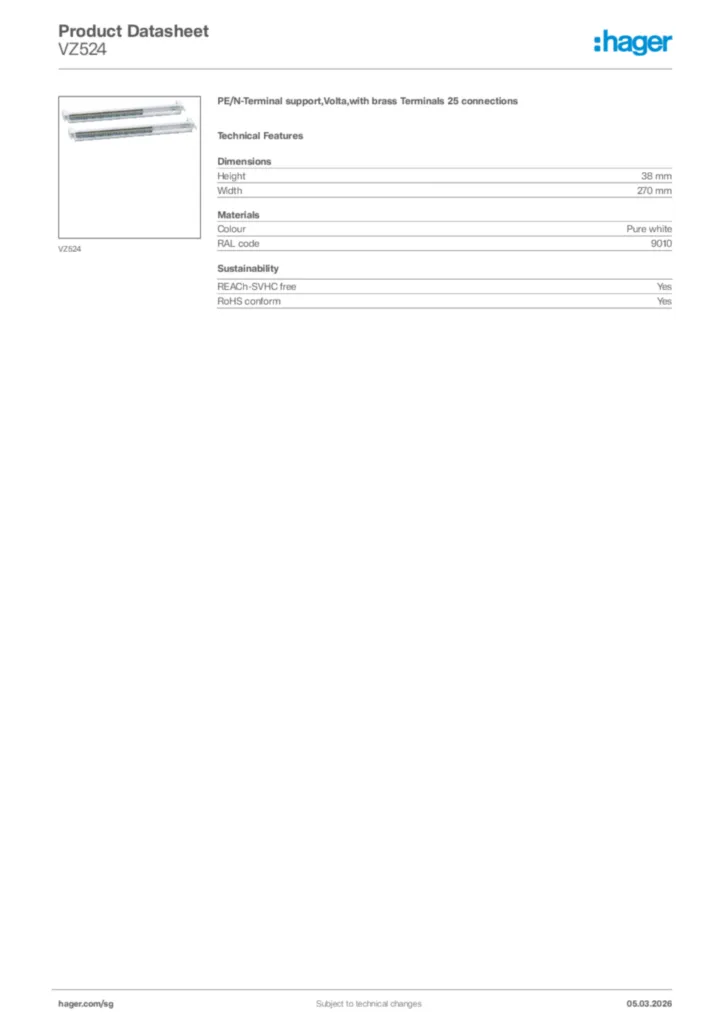 Image Hager Product data sheet VZ524  | Hager