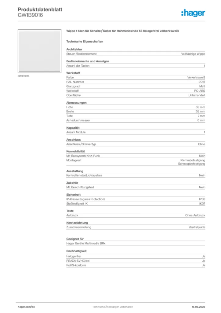 Bild Hager Produktdatenblatt GW1B9016 | Hager Deutschland