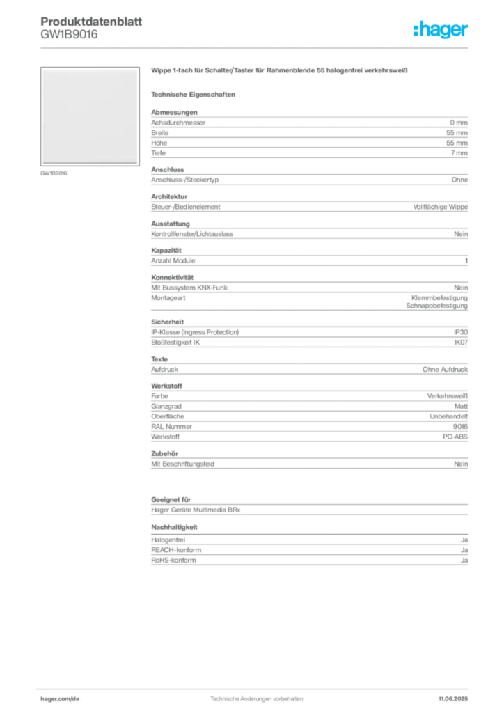 Hager Produktdatenblatt GW1B9016