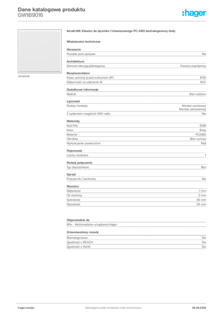 Zdjęcie Hager Karta katalogowa GW1B9016 | Hager Polska