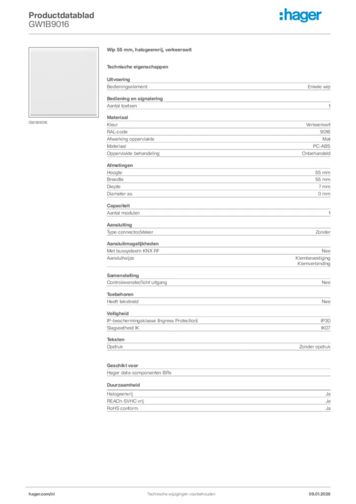 Afbeelding Hager Productdatablad GW1B9016 | Hager Nederland