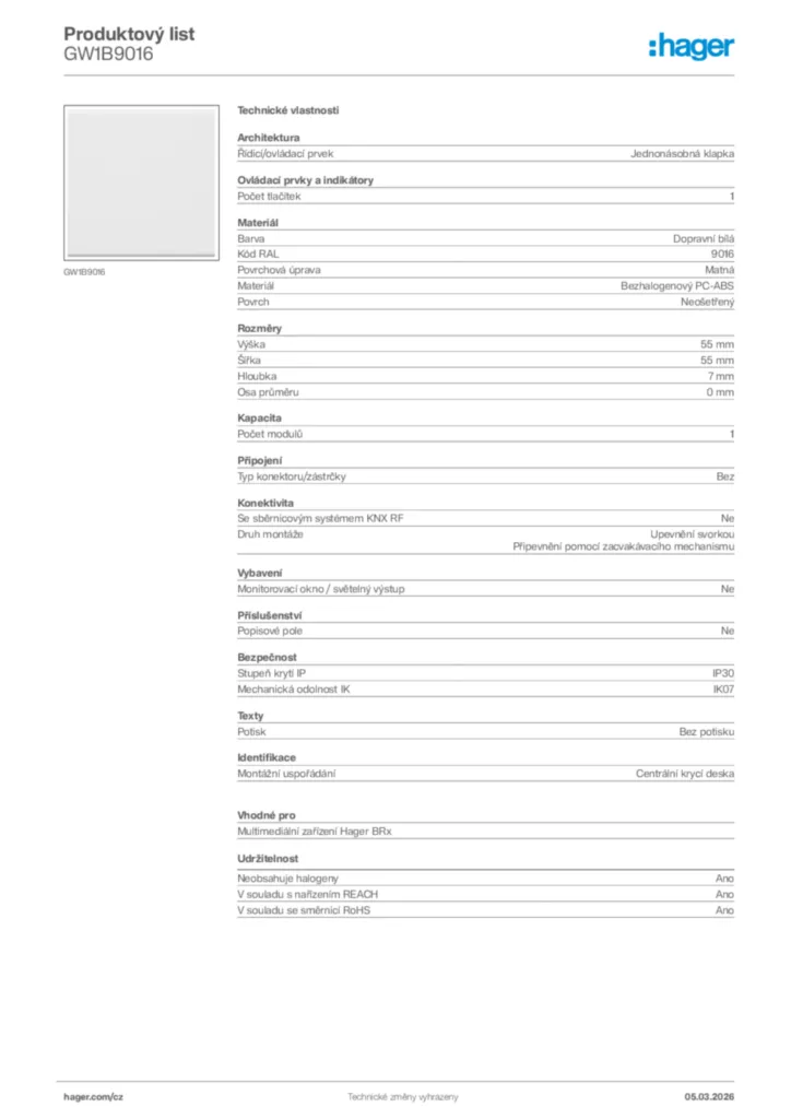 Obrázek Hager Product data sheet GW1B9016 | Hager