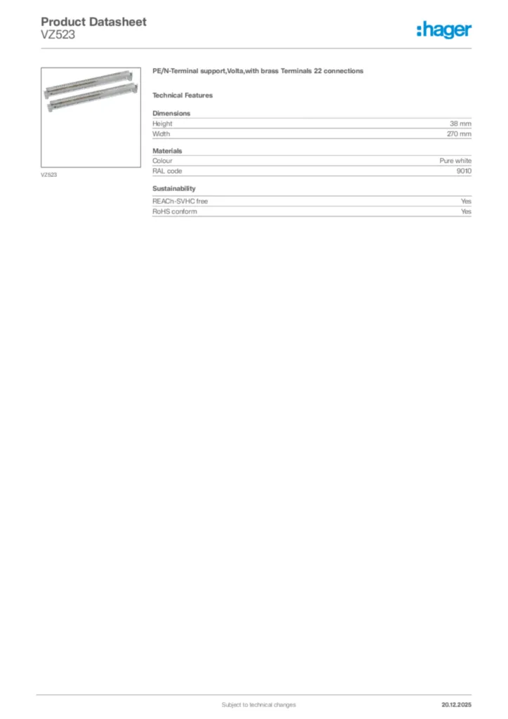Image Hager Product data sheet VZ523  | Hager Africa