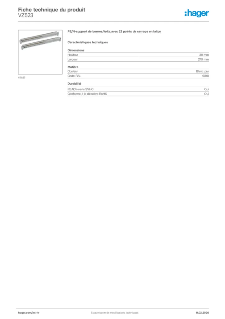 Image Hager Fiche technique du produit VZ523 | Hager Afrique