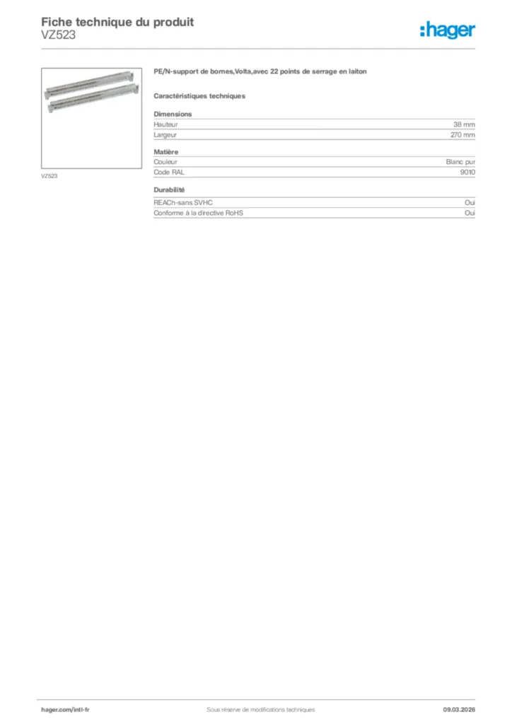 Image Hager Fiche technique du produit VZ523 | Hager Afrique