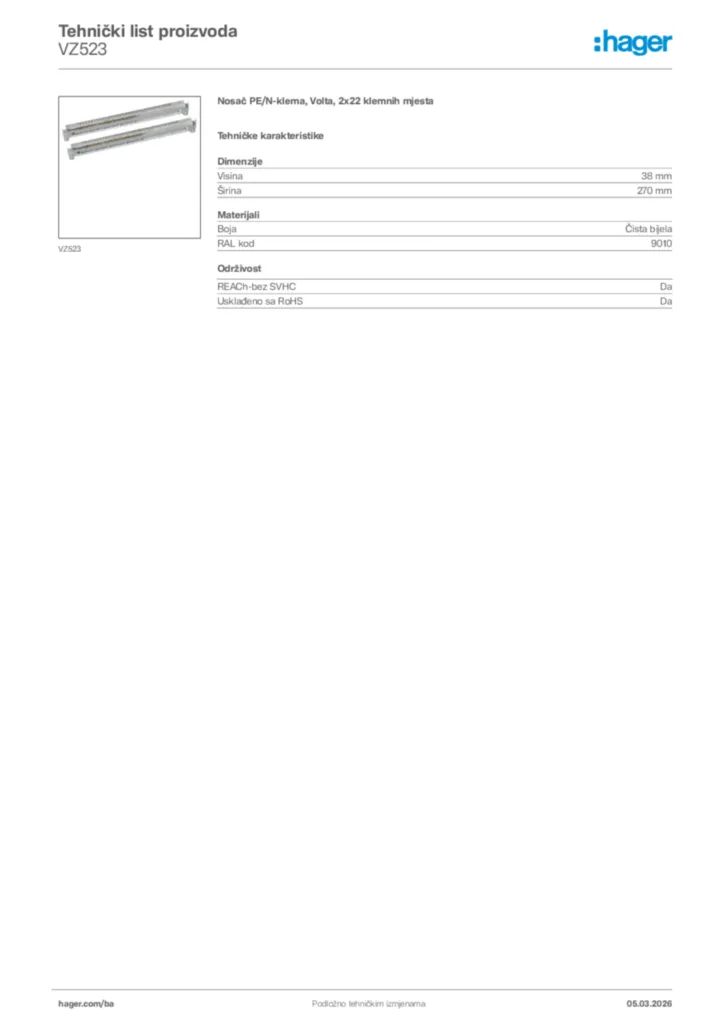 Slika Hager Tehnički list proizvoda VZ523  | Hager