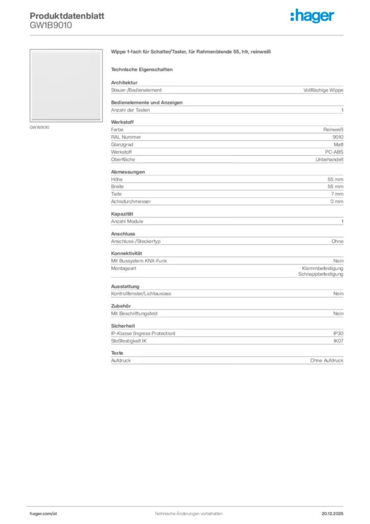 Bild Hager Produktdatenblatt GW1B9010 | Hager Deutschland