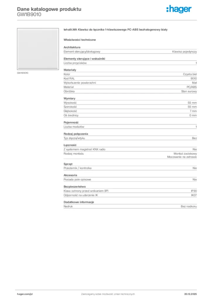 Zdjęcie Hager Karta katalogowa GW1B9010 | Hager Polska
