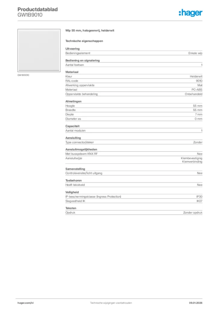 Afbeelding Hager Productdatablad GW1B9010 | Hager Nederland