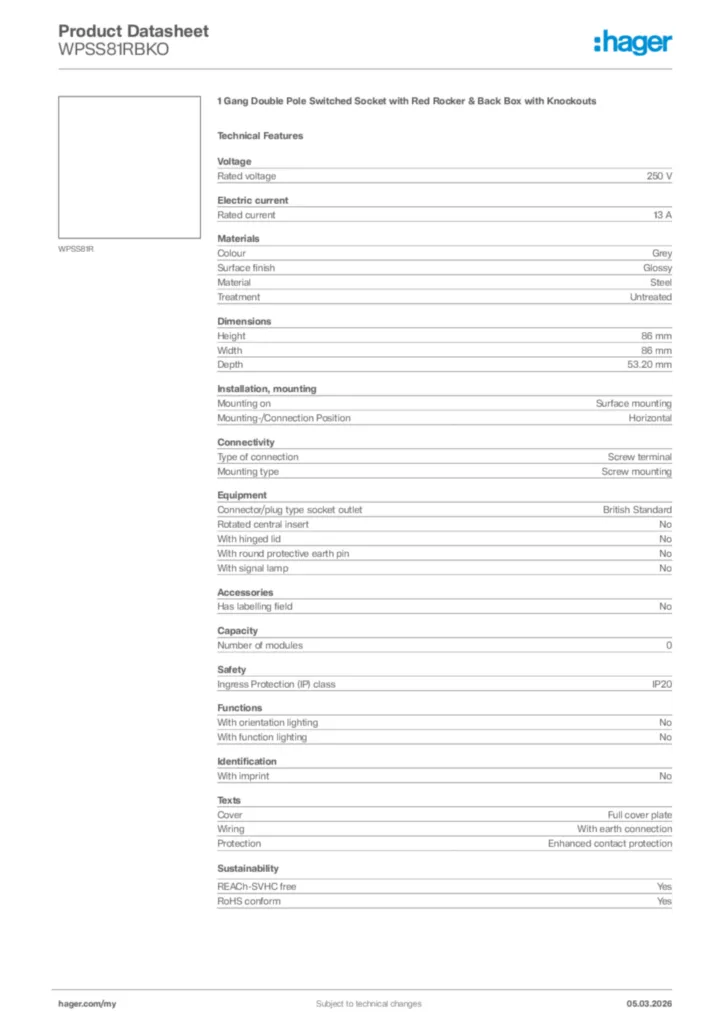 Image Hager Product data sheet WPSS81RBKO  | Hager