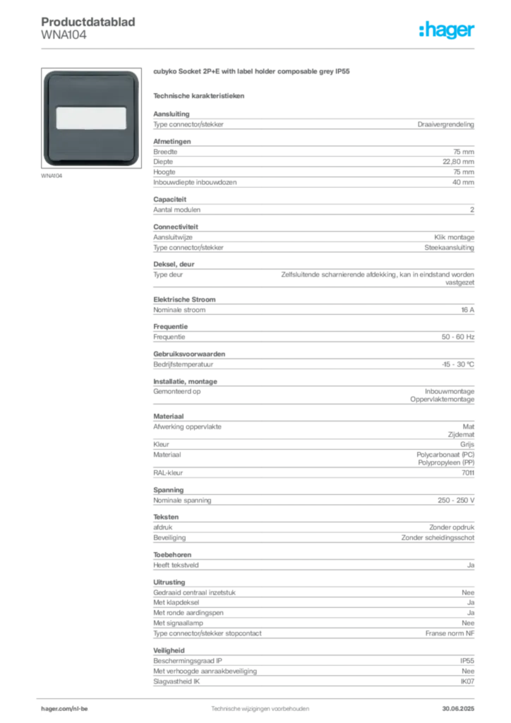 Afbeelding Hager Productdatablad WNA104 | Hager Belgium