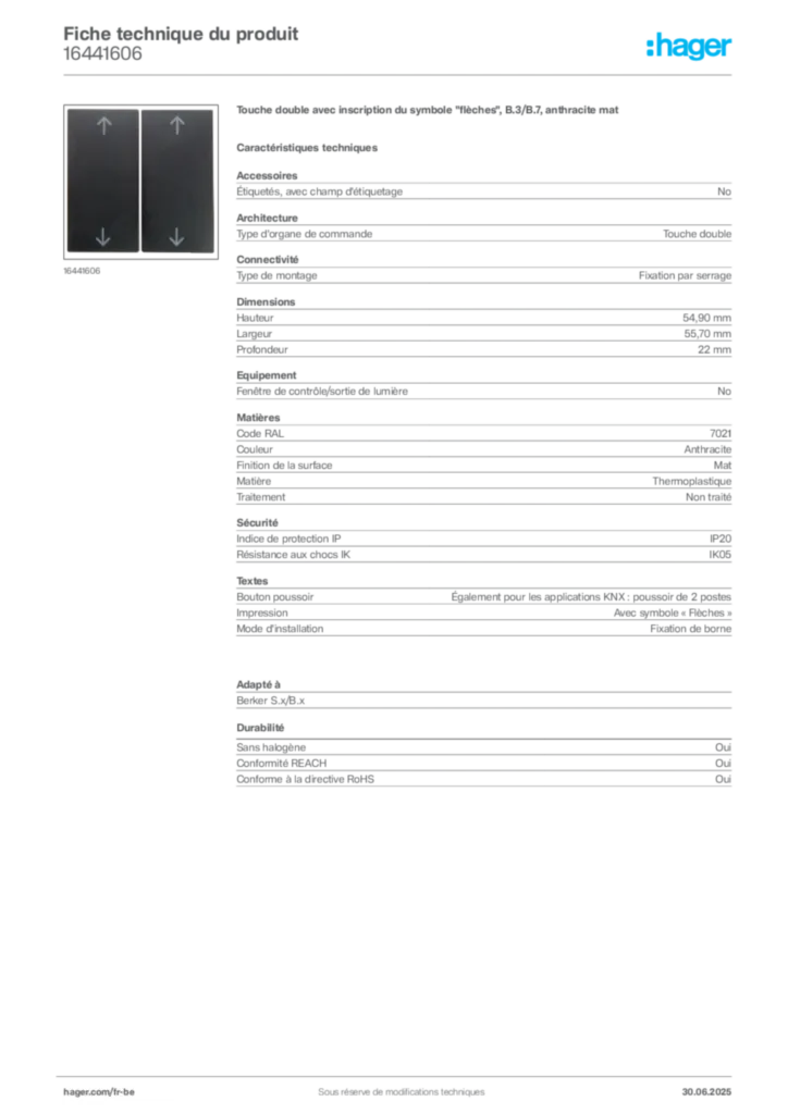 Image Hager Fiche technique du produit 16441606 | Hager Belgique