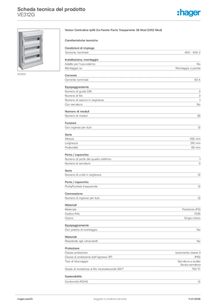 Immagine Hager Scheda tecnica del prodotto VE312G | Hager Italia