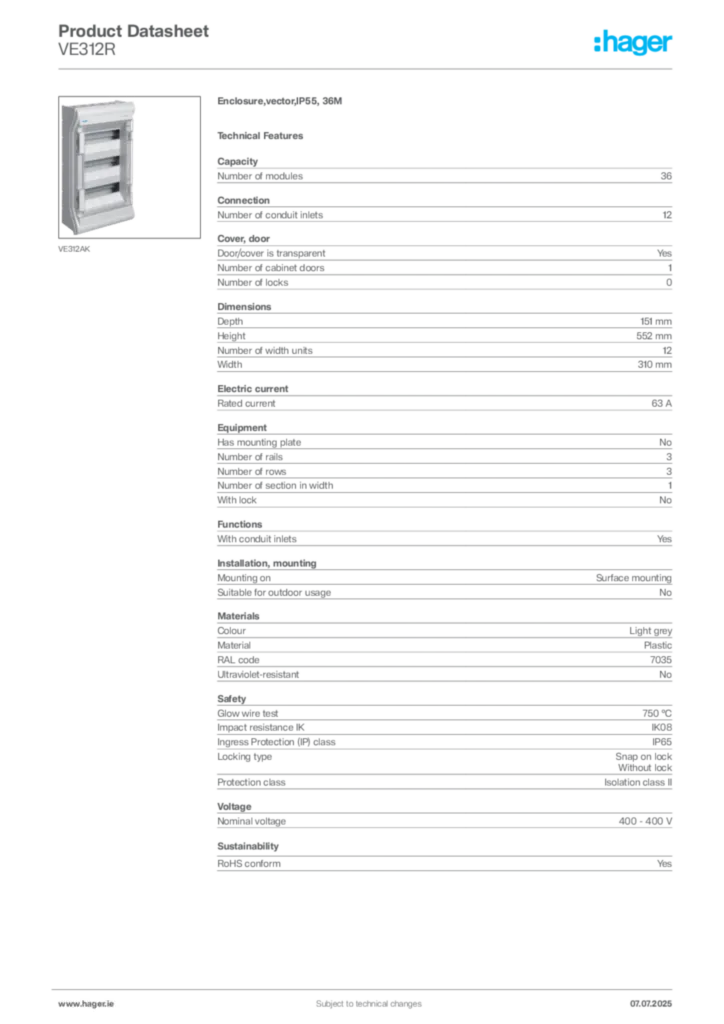 Image Hager Product data sheet VE312R  | Hager