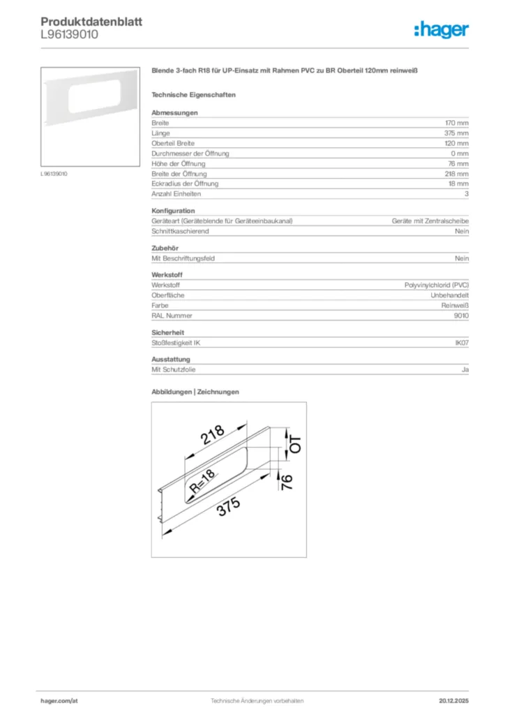 Bild Hager Produktdatenblatt L96139010 | Hager Deutschland