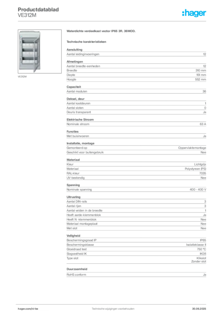 Afbeelding Hager Productdatablad VE312M | Hager Belgium