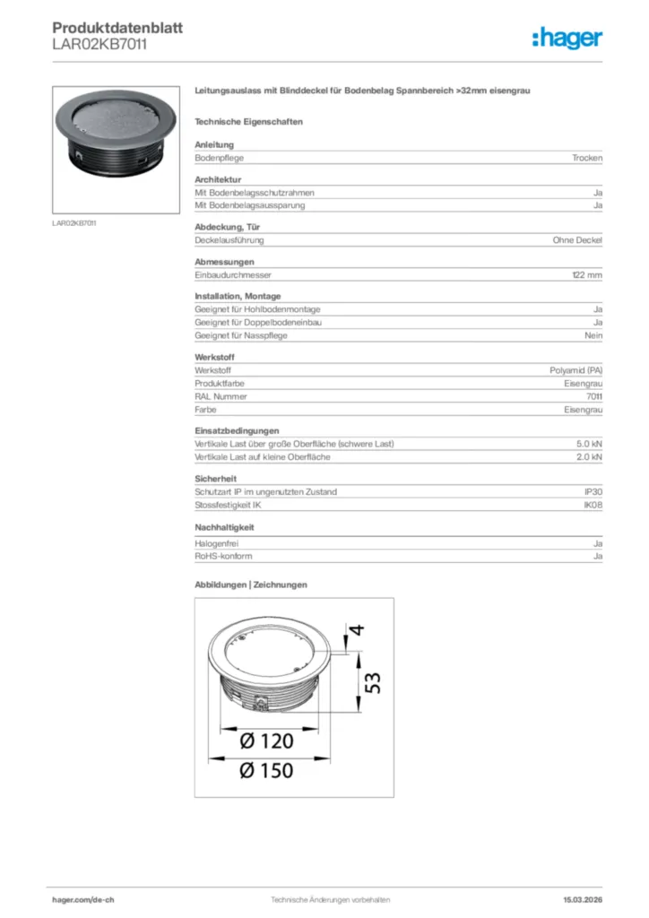 Bild Hager Produktdatenblatt LAR02KB7011 | Hager Schweiz