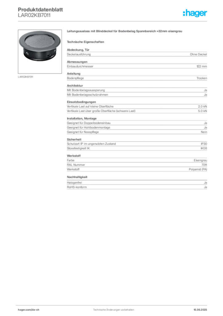 Bild Hager Produktdatenblatt LAR02KB7011 | Hager Schweiz