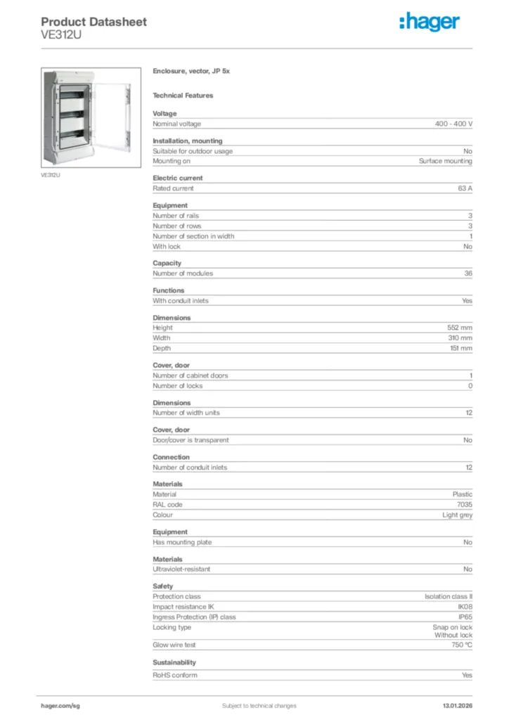 Image Hager Product data sheet VE312U  | Hager