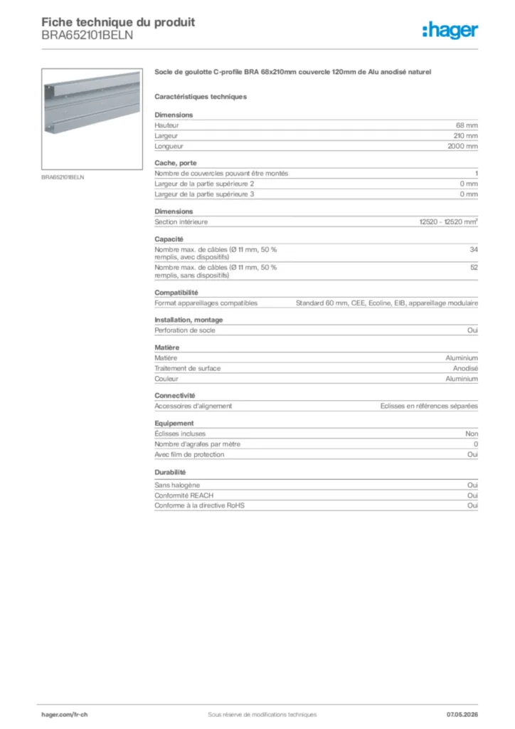 Image Hager Fiche technique du produit BRA652101BELN | Hager Suisse