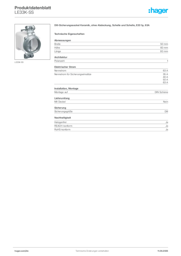 Bild Hager Produktdatenblatt LE33K-SS | Hager Deutschland