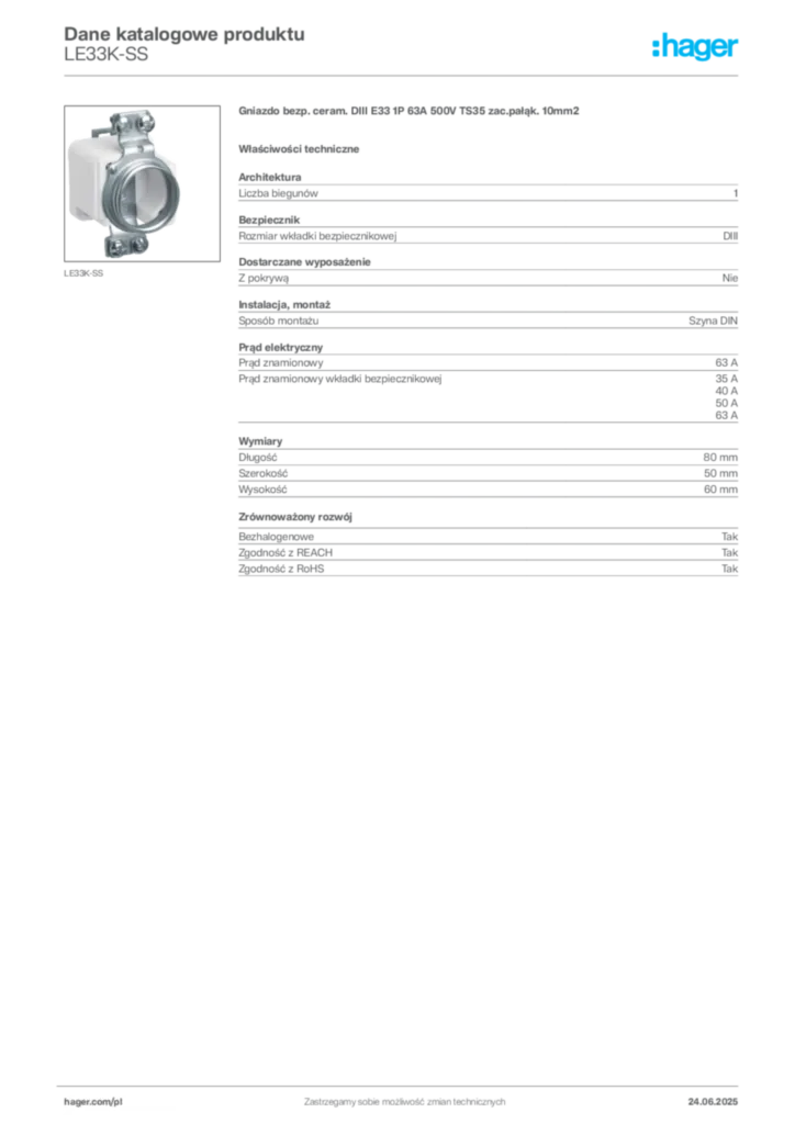 Zdjęcie Hager Karta katalogowa LE33K-SS | Hager Polska