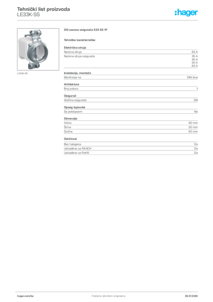 Slika Hager Product data sheet LE33K-SS  | Hager
