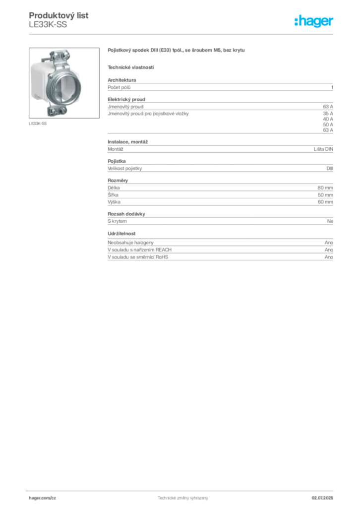 Obrázek Hager Produktový list LE33K-SS | Hager