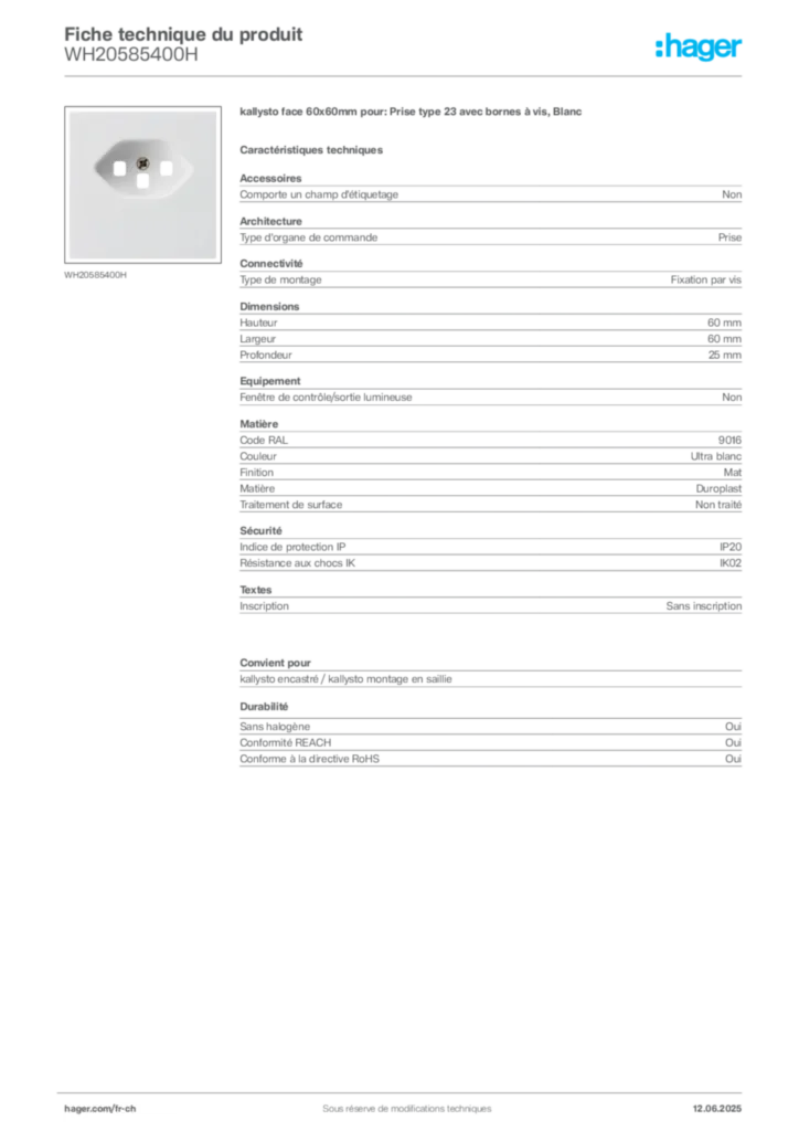 Image Hager Fiche technique du produit WH20585400H | Hager Suisse