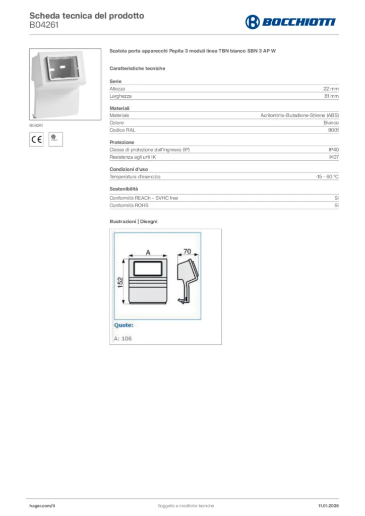 Immagine Bocchiotti Scheda tecnica del prodotto B04261 | Hager Italia