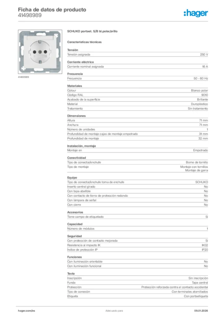 Imagen Hager Ficha de datos de producto 41498989 | Hager España