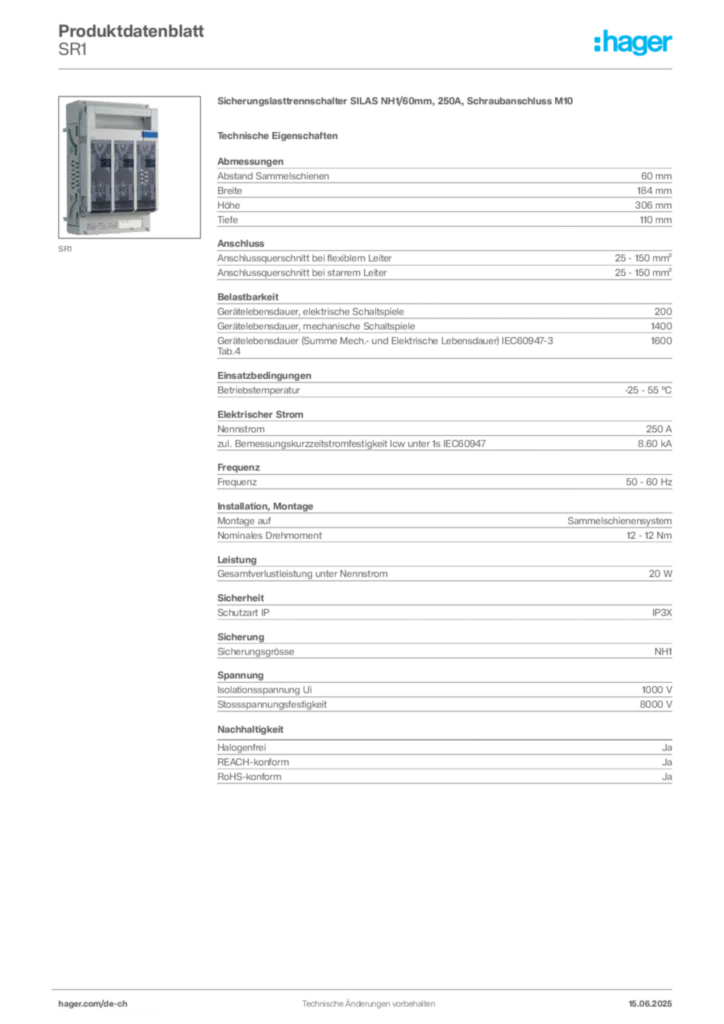 Bild Hager Produktdatenblatt SR1 | Hager Schweiz