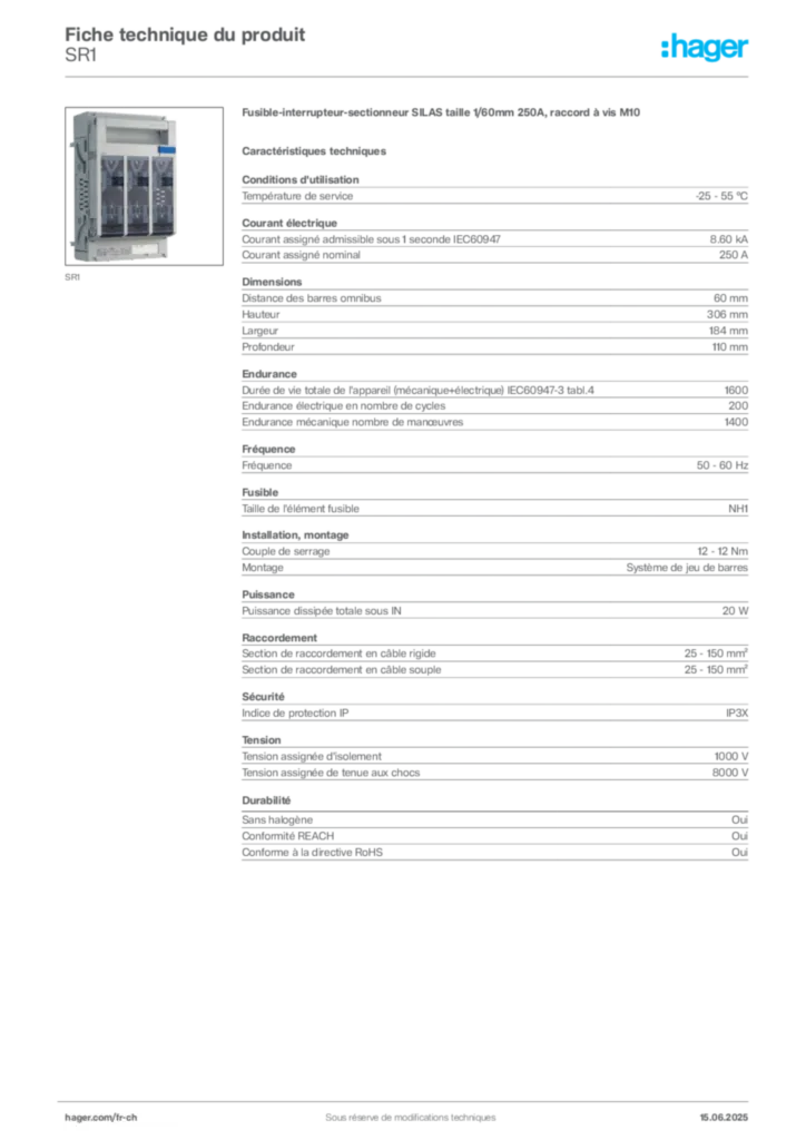 Image Hager Fiche technique du produit SR1 | Hager Suisse