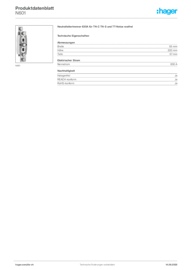 Bild Hager Produktdatenblatt N601 | Hager Schweiz