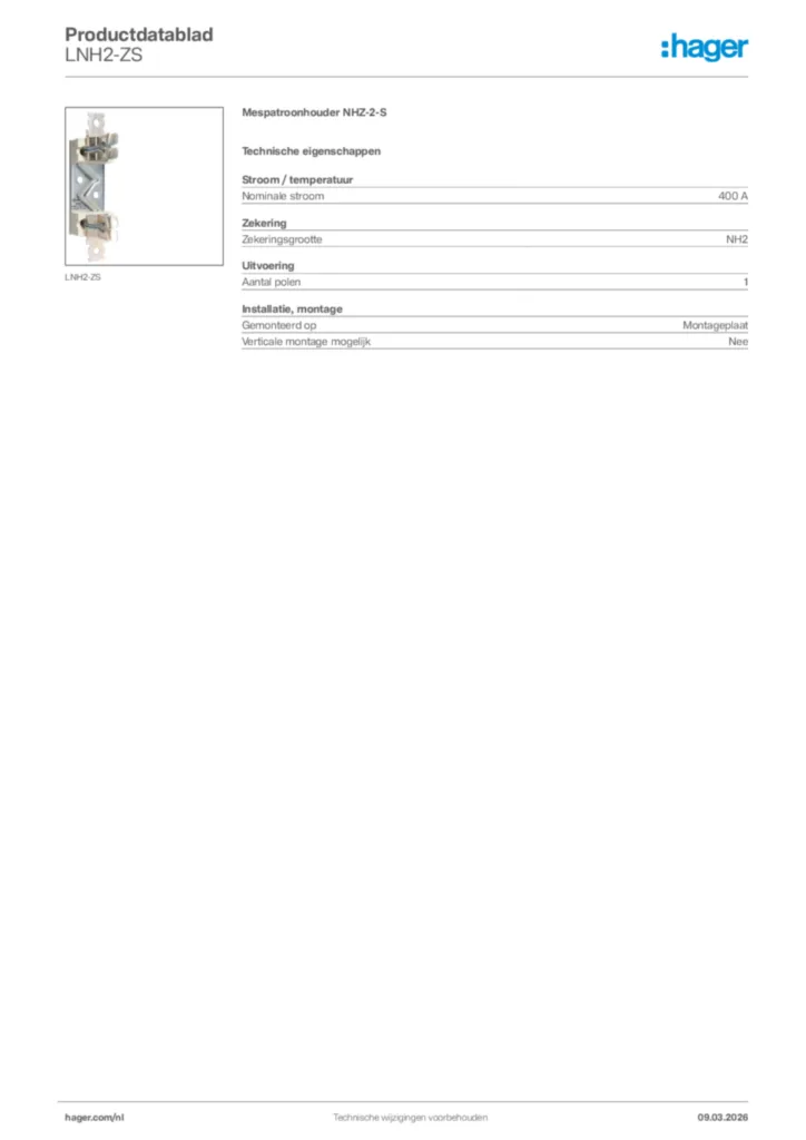 Afbeelding Hager Productdatablad LNH2-ZS | Hager Nederland