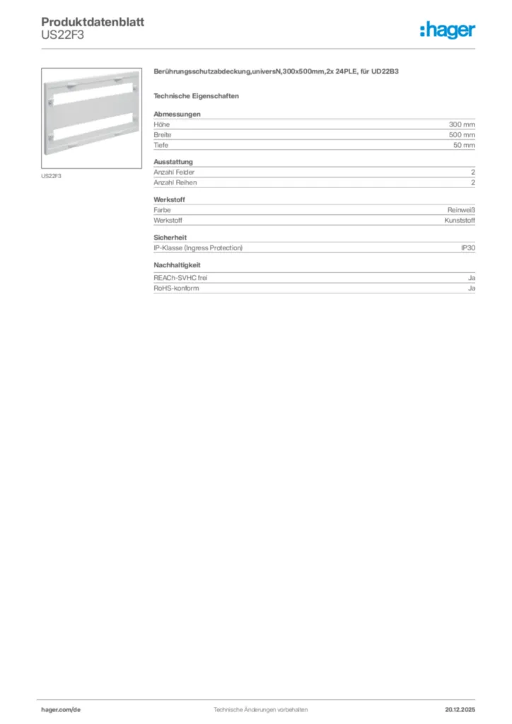 Bild Hager Produktdatenblatt US22F3 | Hager Deutschland