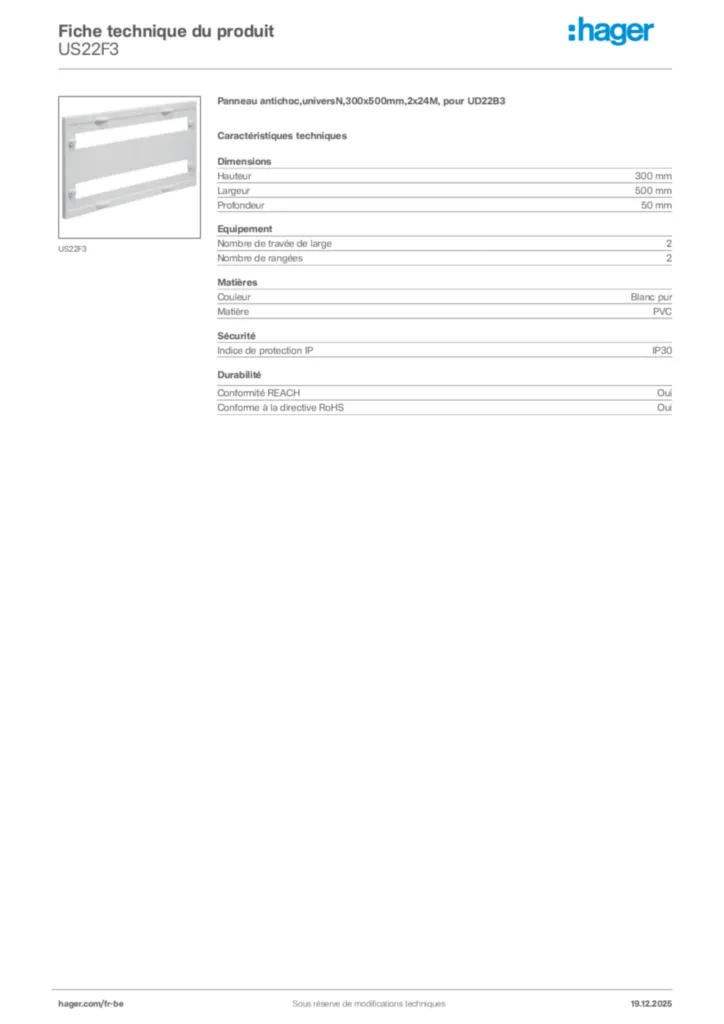 Image Hager Fiche technique du produit US22F3 | Hager Belgique