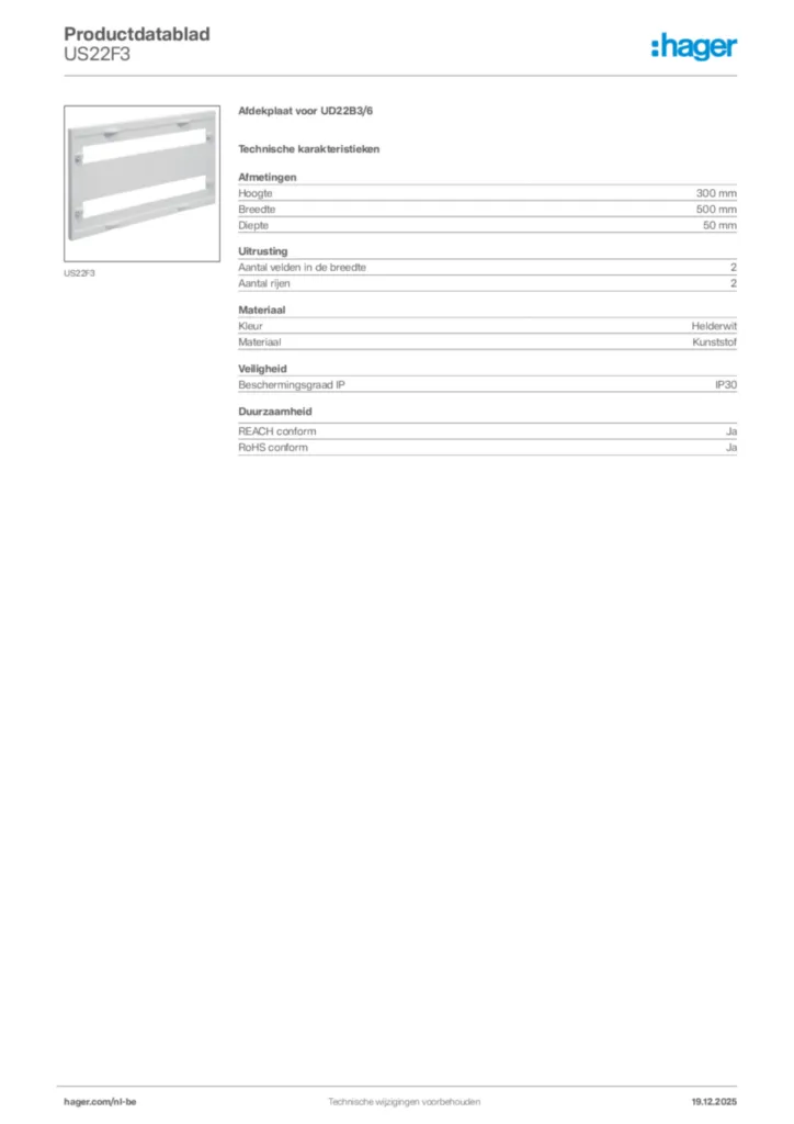 Afbeelding Hager Productdatablad US22F3 | Hager Belgium