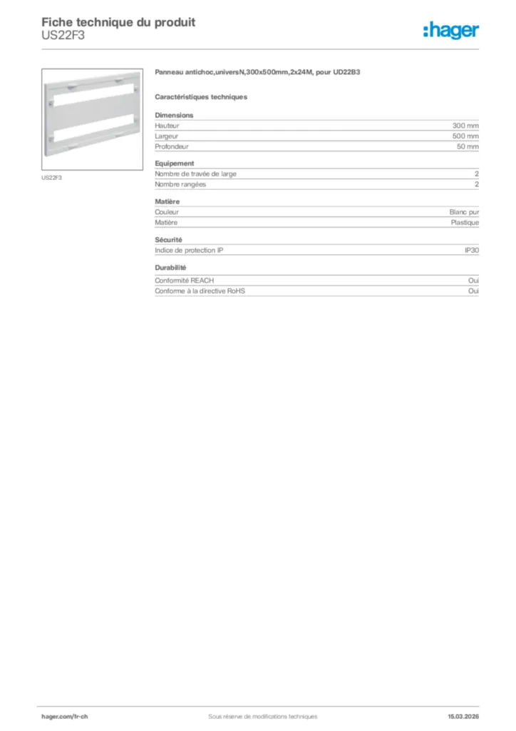 Image Hager Fiche technique du produit US22F3 | Hager Suisse