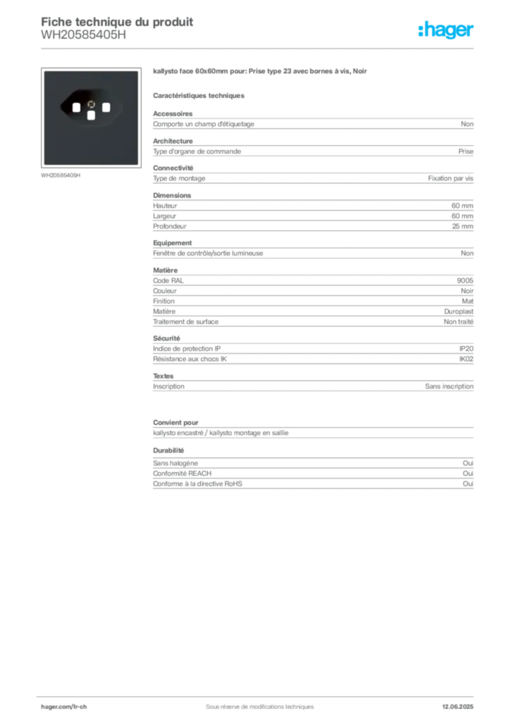 Image Hager Fiche technique du produit WH20585405H | Hager Suisse