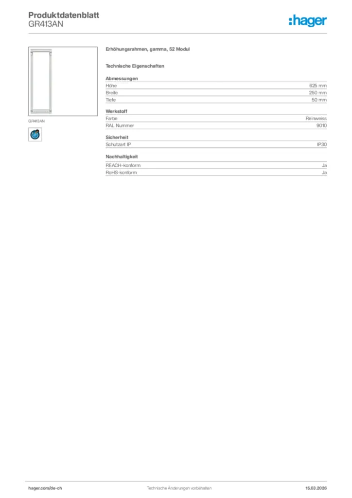 Bild Hager Produktdatenblatt GR413AN | Hager Schweiz