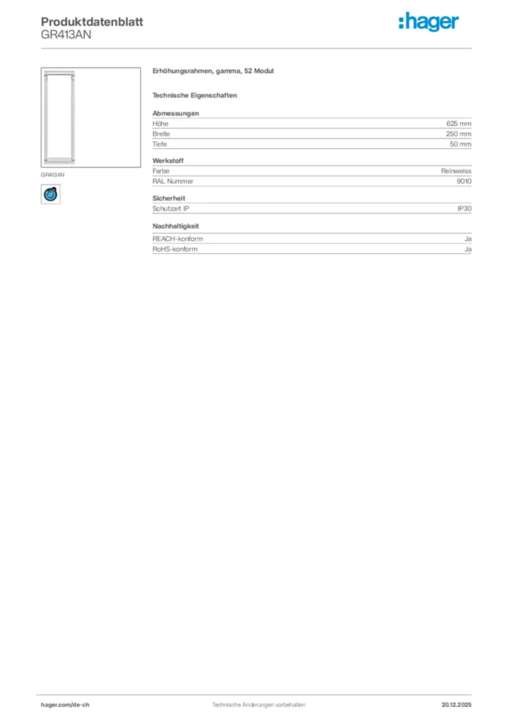 Bild Hager Produktdatenblatt GR413AN | Hager Schweiz