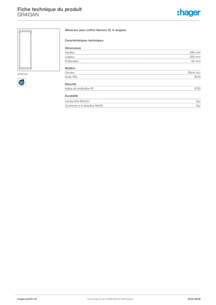 Image Hager Fiche technique du produit GR413AN | Hager Suisse