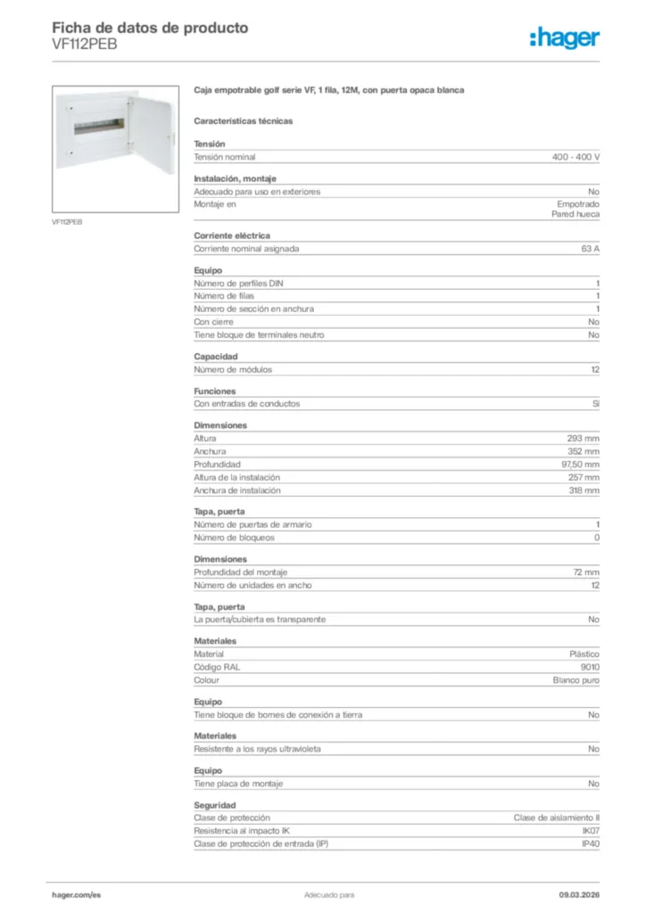 Imagen Hager Ficha de datos de producto VF112PEB | Hager España